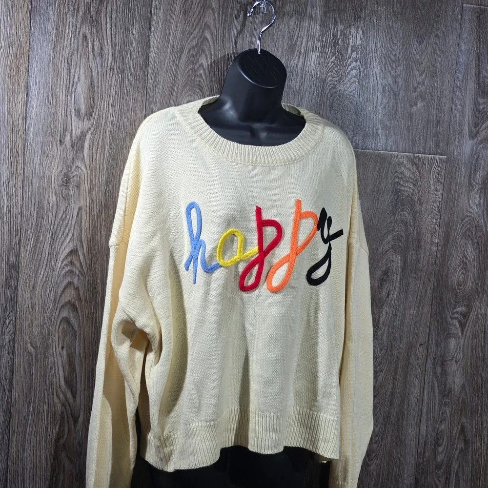 Shein Curve Women's 3XL Cream‎ Happy Graphic Crew Neck Pullover Sweater
